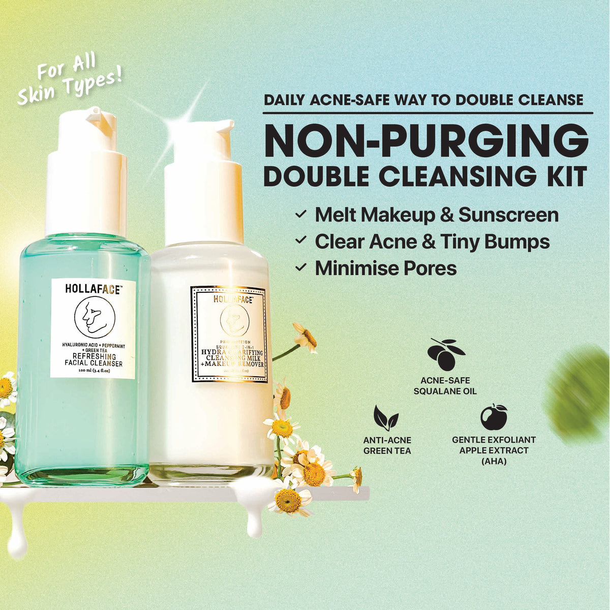 Hollaface Gentle Double Cleansing Bundle (Hollaface Refreshing Facial Cleanser + Hollaface Hydra Clarifying Cleansing Milk)