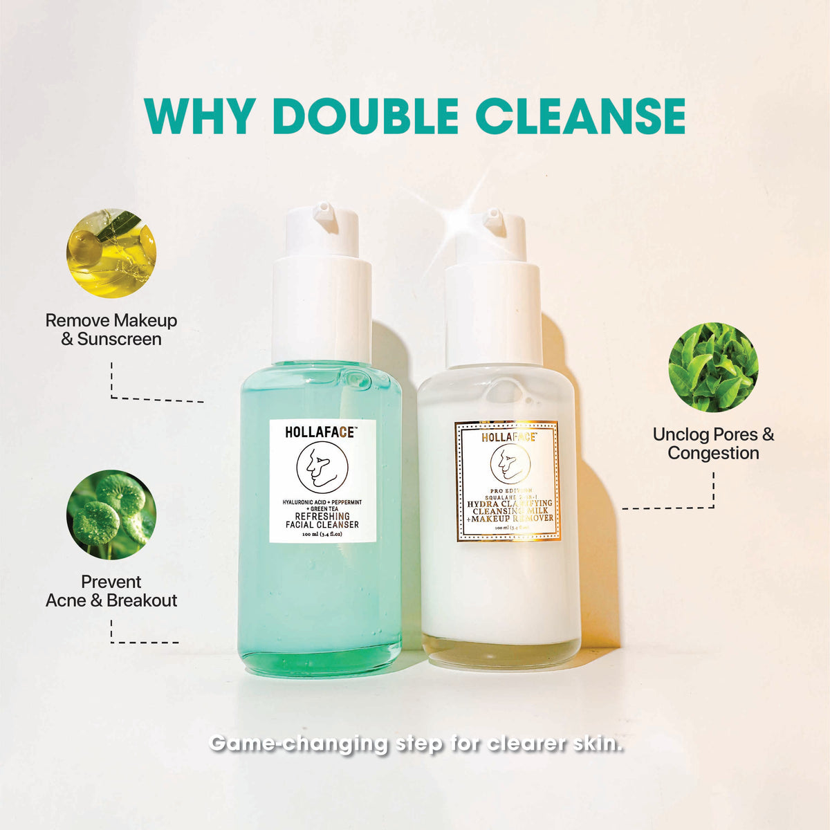 Hollaface Gentle Double Cleansing Bundle (Hollaface Refreshing Facial Cleanser + Hollaface Hydra Clarifying Cleansing Milk)